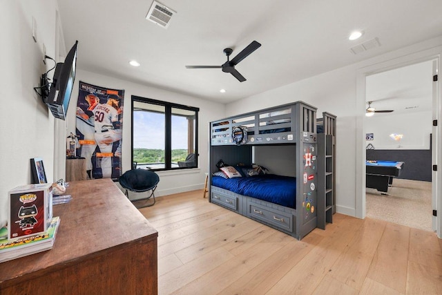 bedroom with visible vents, baseboards, ceiling fan, recessed lighting, and light wood-type flooring