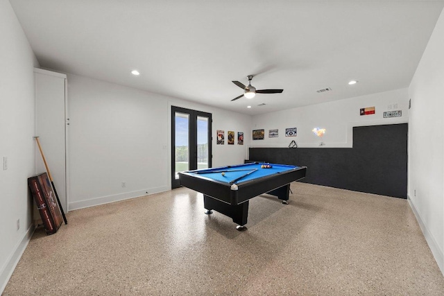 playroom featuring recessed lighting, visible vents, billiards, and speckled floor