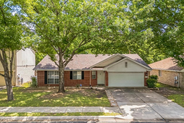 ranch-style house featuring brick siding, driveway, a front lawn, and a garage