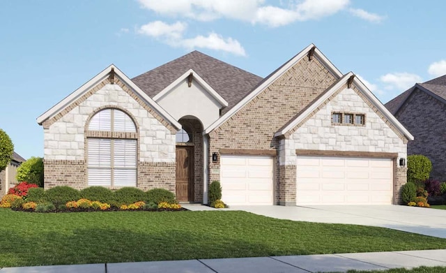 french country home featuring a front lawn, brick siding, a shingled roof, an attached garage, and driveway