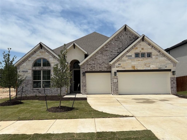 1728 Scenic Heights Ln, Georgetown, TX 78628 - french country home featuring concrete driveway, an attached garage, and a front yard