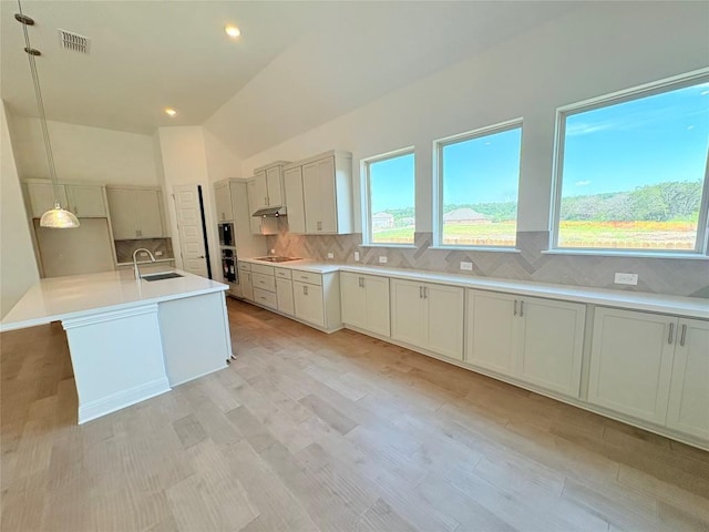 1728 Scenic Heights Ln, Georgetown, TX 78628 - kitchen featuring a sink, black electric stovetop, tasteful backsplash, decorative light fixtures, and lofted ceiling