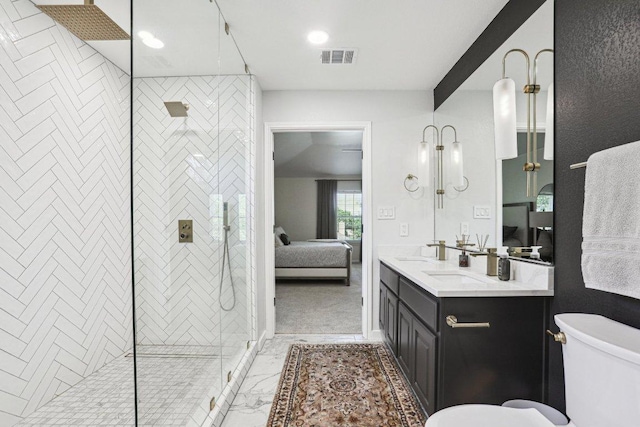 bathroom with vanity, ensuite bath, toilet, marble finish floor, and tiled shower