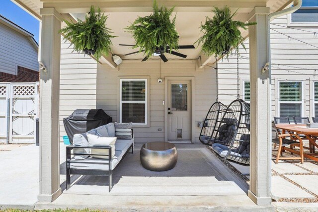 view of patio / terrace featuring a ceiling fan and an outdoor hangout area