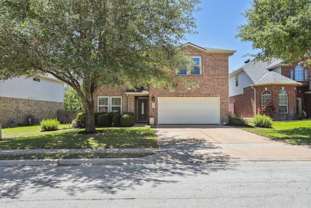 traditional-style home with driveway, a garage, brick siding, fence, and a front lawn