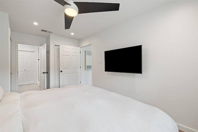 bedroom with ceiling fan, recessed lighting, baseboards, visible vents, and a closet