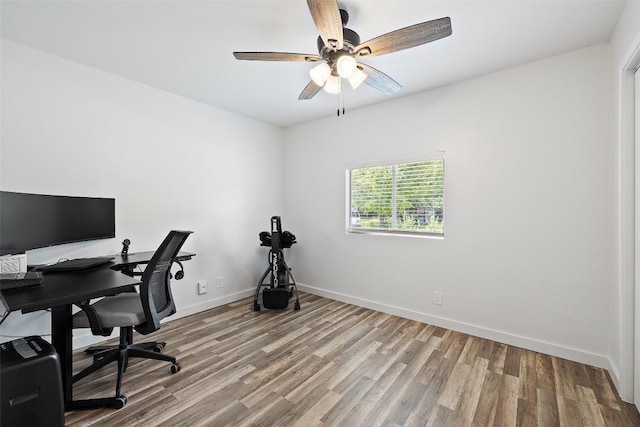 office space featuring light wood-type flooring, a ceiling fan, and baseboards