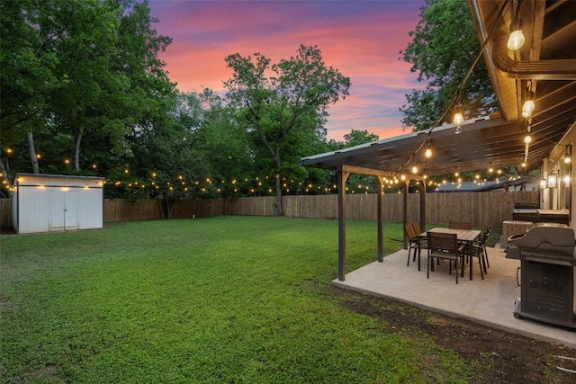 view of yard with an outdoor structure, a patio, a fenced backyard, and a shed
