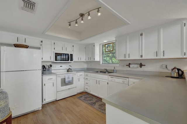 1871 Patty Dr, Canyon Lake, TX 78133 - kitchen featuring white appliances, a tray ceiling, light wood-style flooring, white cabinets, and light countertops