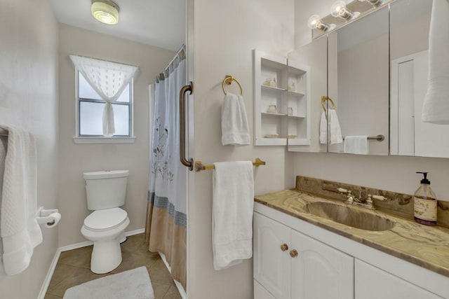 1871 Patty Dr, Canyon Lake, TX 78133 - bathroom featuring vanity, tile patterned floors, and a shower with shower curtain