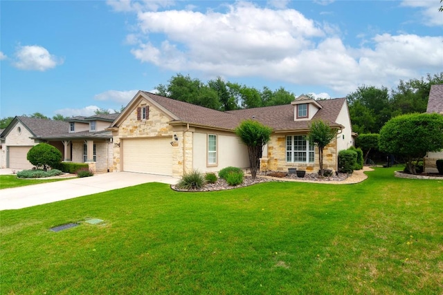 view of front of property with a garage, a front yard, stone siding, and concrete driveway