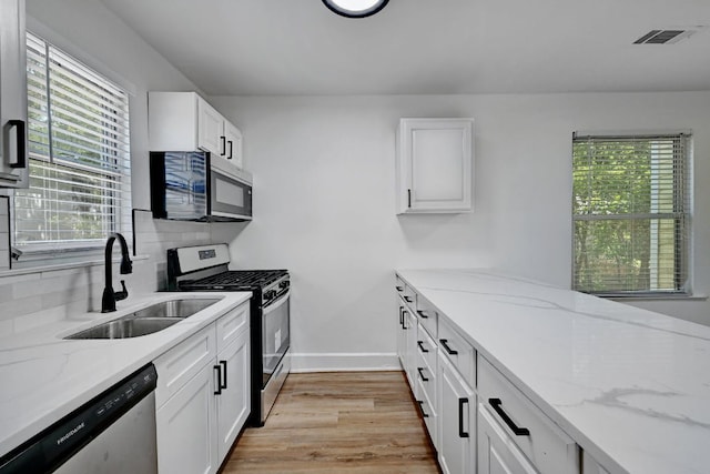 kitchen featuring a sink, appliances with stainless steel finishes, white cabinets, and light wood-type flooring