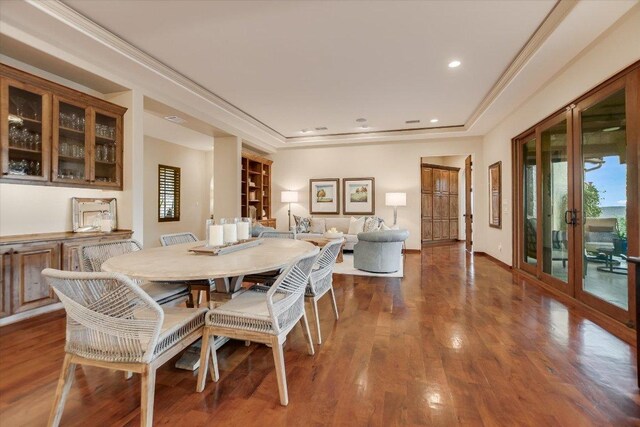 5525 City Park Rd Unit 6, Austin, TX 78730 - dining area featuring french doors, wood finished floors, ornamental molding, recessed lighting, and a raised ceiling