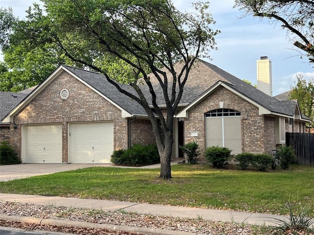 ranch-style home featuring roof with shingles, fence, brick siding, and a garage