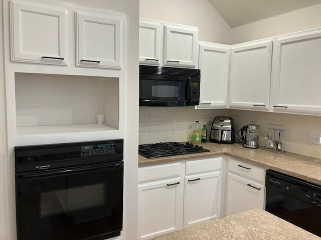 1728 Dapplegrey Ln, Austin, TX 78727 - kitchen with white cabinetry, lofted ceiling, decorative backsplash, and black appliances