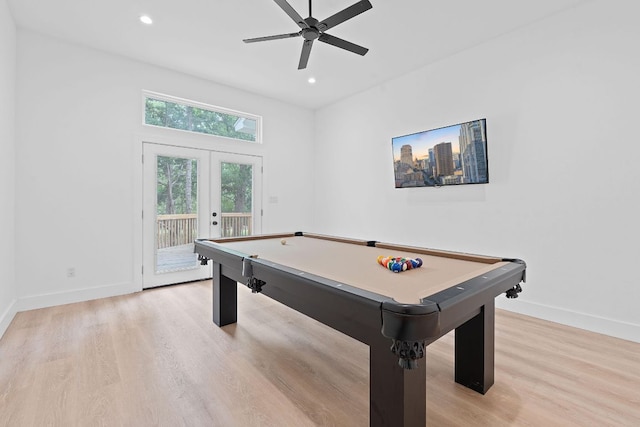 game room with french doors, light wood-style flooring, recessed lighting, baseboards, and billiards