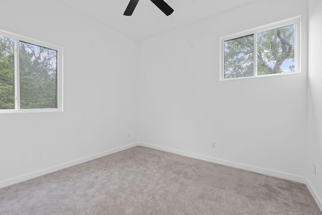 empty room with plenty of natural light, a ceiling fan, baseboards, and carpet flooring