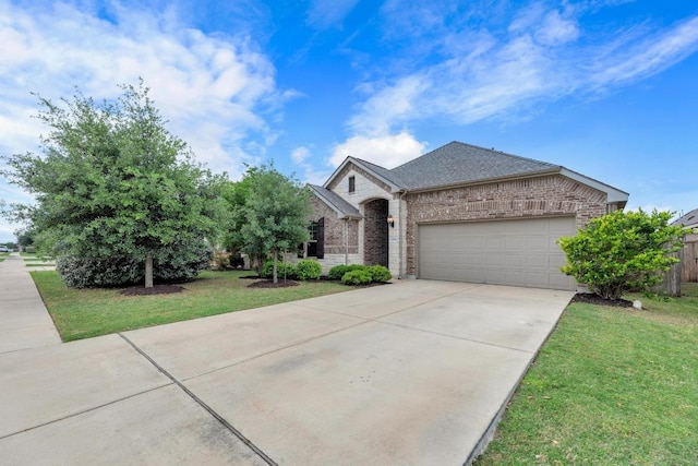 view of front of house featuring a front lawn, brick siding, a shingled roof, concrete driveway, and an attached garage