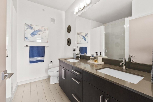 full bath with toilet, visible vents, a sink, and a stall shower