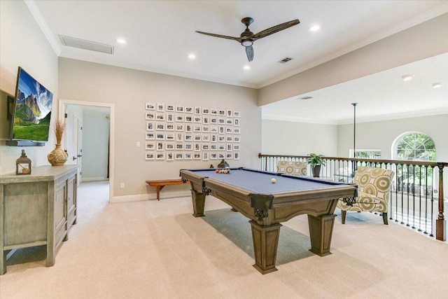 recreation room with billiards, visible vents, a ceiling fan, and light colored carpet