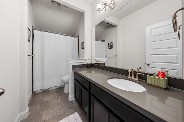 19600 Summit Glory Trl, Spicewood, TX 78669 - full bathroom with tile patterned flooring, vanity, toilet, a shower with shower curtain, and visible vents