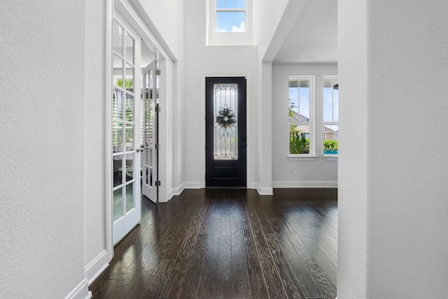 19600 Summit Glory Trl, Spicewood, TX 78669 - entrance foyer with baseboards, a textured wall, a healthy amount of sunlight, and hardwood / wood-style floors