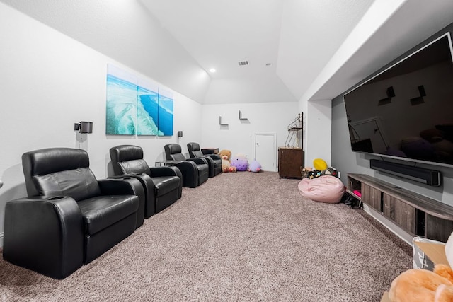 19600 Summit Glory Trl, Spicewood, TX 78669 - carpeted home theater room featuring visible vents and lofted ceiling