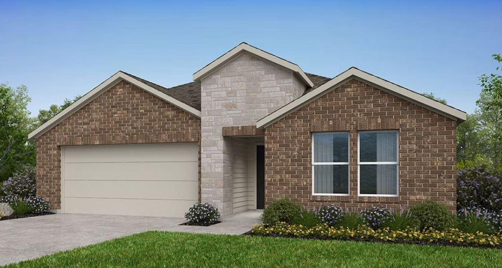 ranch-style home featuring brick siding, an attached garage, and driveway