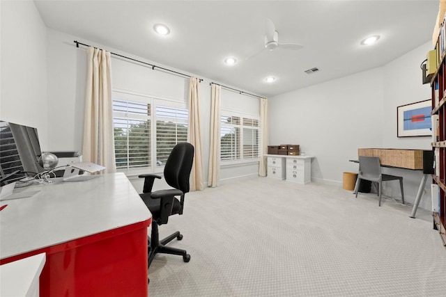 7921 W Rim Dr, Austin, TX 78731 - office with light colored carpet, recessed lighting, and a ceiling fan