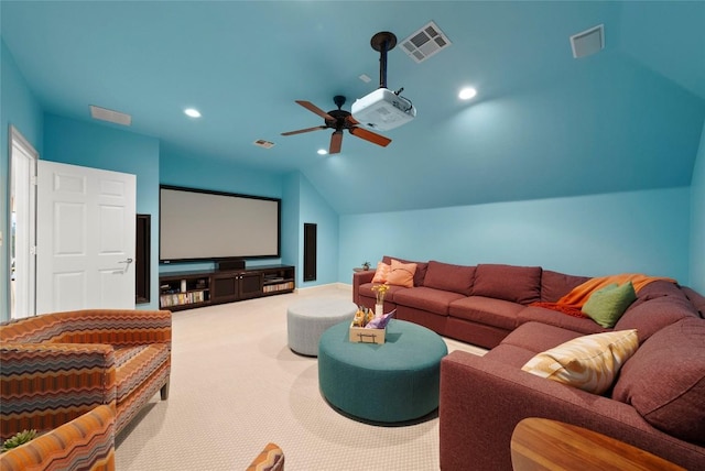 7921 W Rim Dr, Austin, TX 78731 - carpeted home theater featuring vaulted ceiling, a ceiling fan, and recessed lighting