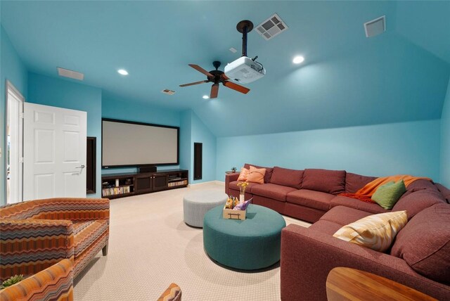7921 W Rim Dr, Austin, TX 78731 - cinema room with lofted ceiling, carpet floors, ceiling fan, and recessed lighting