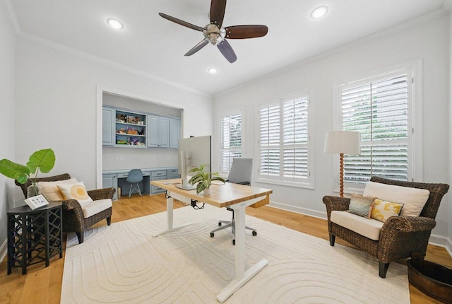 7921 W Rim Dr, Austin, TX 78731 - office space featuring crown molding, ceiling fan, light wood finished floors, and recessed lighting