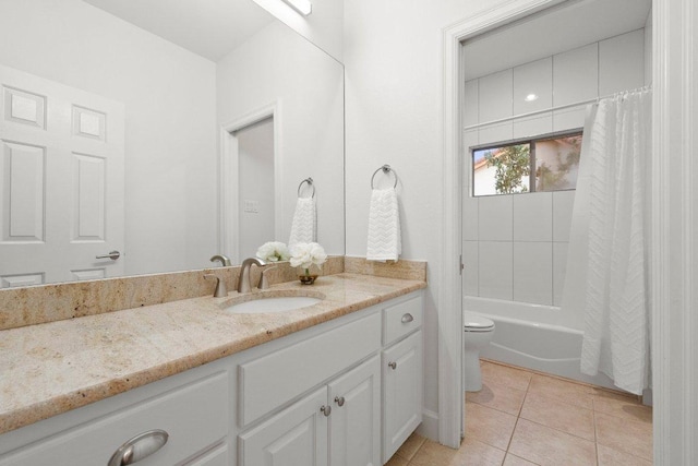 7921 W Rim Dr, Austin, TX 78731 - bathroom with vanity, tile patterned floors, and shower / bathtub combination with curtain