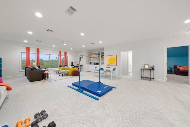 7921 W Rim Dr, Austin, TX 78731 - exercise room featuring carpet flooring, ornamental molding, and recessed lighting
