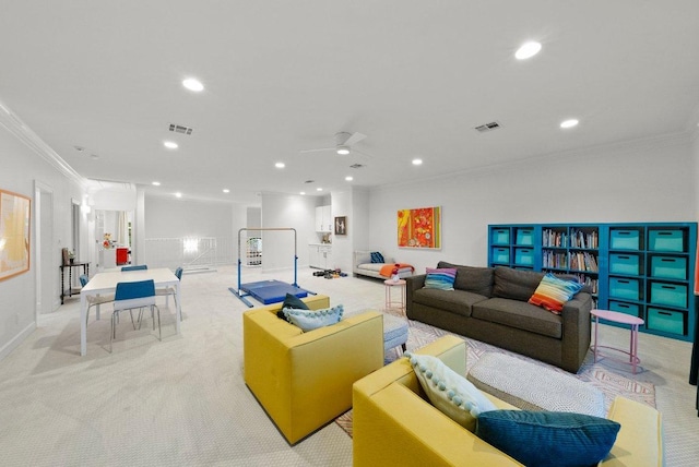 7921 W Rim Dr, Austin, TX 78731 - living room with crown molding, light colored carpet, recessed lighting, and a ceiling fan