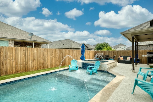 view of swimming pool featuring an in ground hot tub, a fenced in pool, a fenced backyard, a patio, and a fire pit