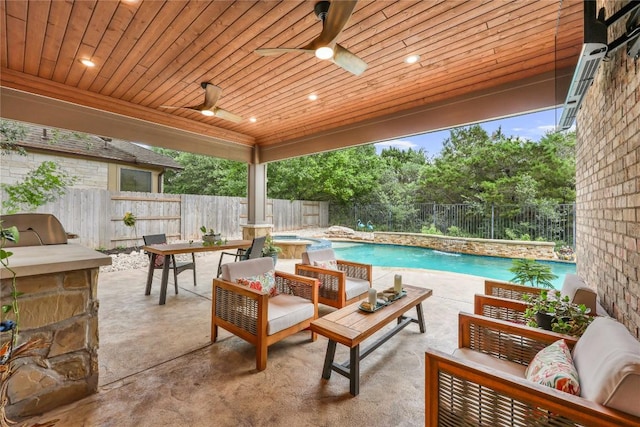 1725 Buttercup Creek Blvd, Cedar Park, TX 78613 - fenced backyard with an outdoor hangout area, a pool with connected hot tub, a patio area, and ceiling fan
