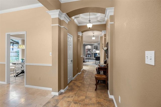 1725 Buttercup Creek Blvd, Cedar Park, TX 78613 - corridor with arched walkways, crown molding, baseboards, decorative columns, and a textured wall