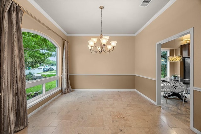 1725 Buttercup Creek Blvd, Cedar Park, TX 78613 - unfurnished room featuring light stone finish flooring, a chandelier, baseboards, and crown molding
