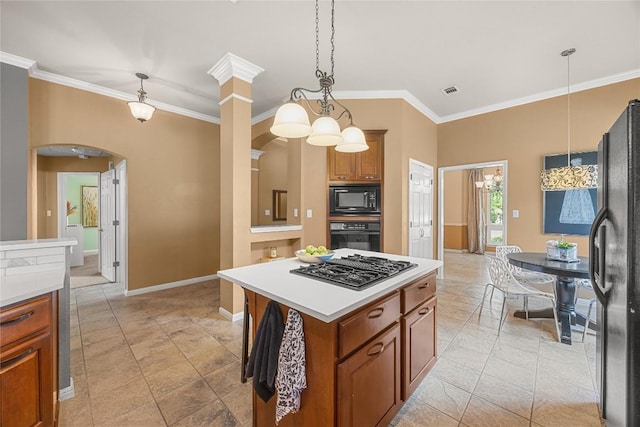 1725 Buttercup Creek Blvd, Cedar Park, TX 78613 - kitchen featuring black appliances, ornamental molding, arched walkways, brown cabinetry, and baseboards