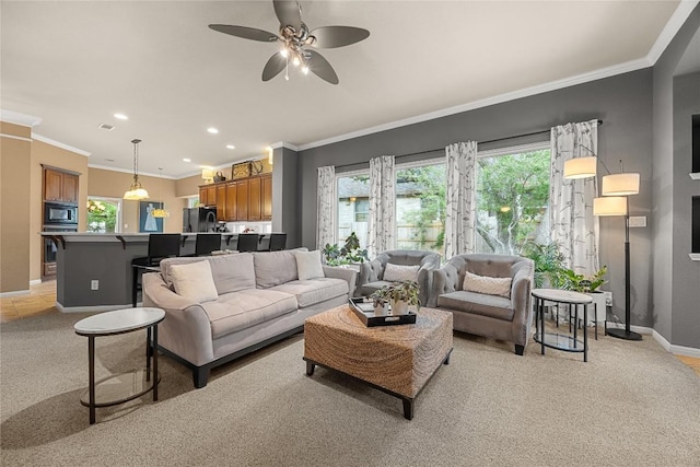 1725 Buttercup Creek Blvd, Cedar Park, TX 78613 - living area featuring baseboards, light colored carpet, crown molding, ceiling fan, and recessed lighting