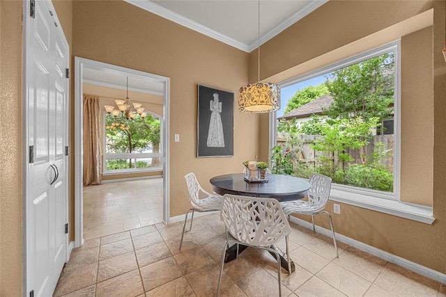 1725 Buttercup Creek Blvd, Cedar Park, TX 78613 - dining area featuring ornamental molding, plenty of natural light, baseboards, stone tile flooring, and a chandelier