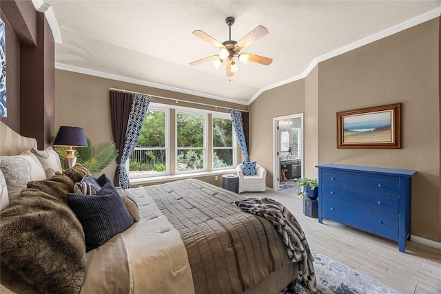 1725 Buttercup Creek Blvd, Cedar Park, TX 78613 - bedroom with vaulted ceiling, ornamental molding, light wood-style flooring, baseboards, and ensuite bath