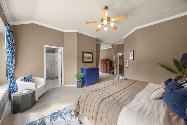 1725 Buttercup Creek Blvd, Cedar Park, TX 78613 - bedroom with wood finished floors, ornamental molding, baseboards, ensuite bathroom, and ceiling fan