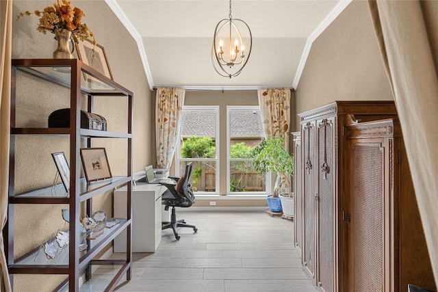 1725 Buttercup Creek Blvd, Cedar Park, TX 78613 - office with ornamental molding, vaulted ceiling, and a chandelier