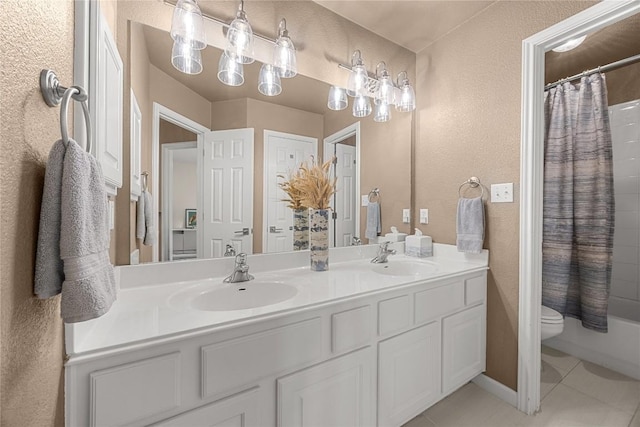 1725 Buttercup Creek Blvd, Cedar Park, TX 78613 - bathroom with tile patterned floors, double vanity, toilet, shower / tub combo, and a textured wall