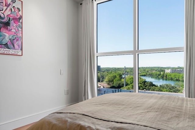 bedroom featuring baseboards and a water view