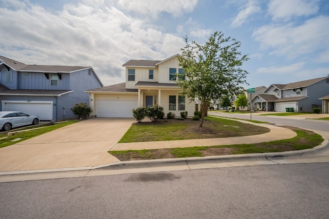 5817 Gerard Dr, Austin, TX 78744 - traditional-style home featuring board and batten siding, concrete driveway, an attached garage, a residential view, and a shingled roof