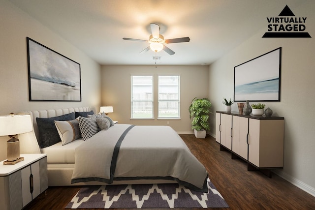 5817 Gerard Dr, Austin, TX 78744 - bedroom with dark wood-type flooring, baseboards, and ceiling fan