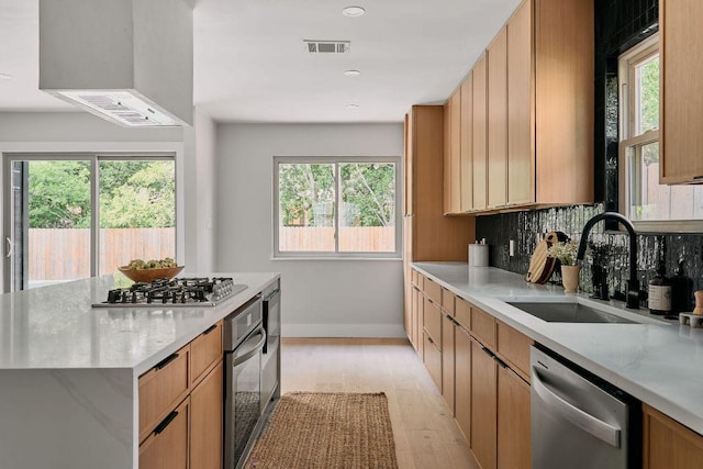 kitchen with a sink, light wood-style floors, stainless steel appliances, baseboards, and visible vents